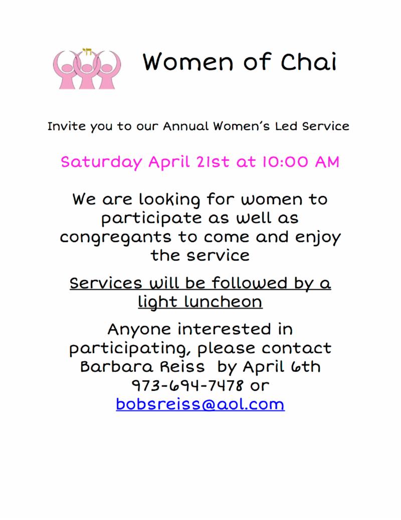 ChaiWomen ShabbatService April2018